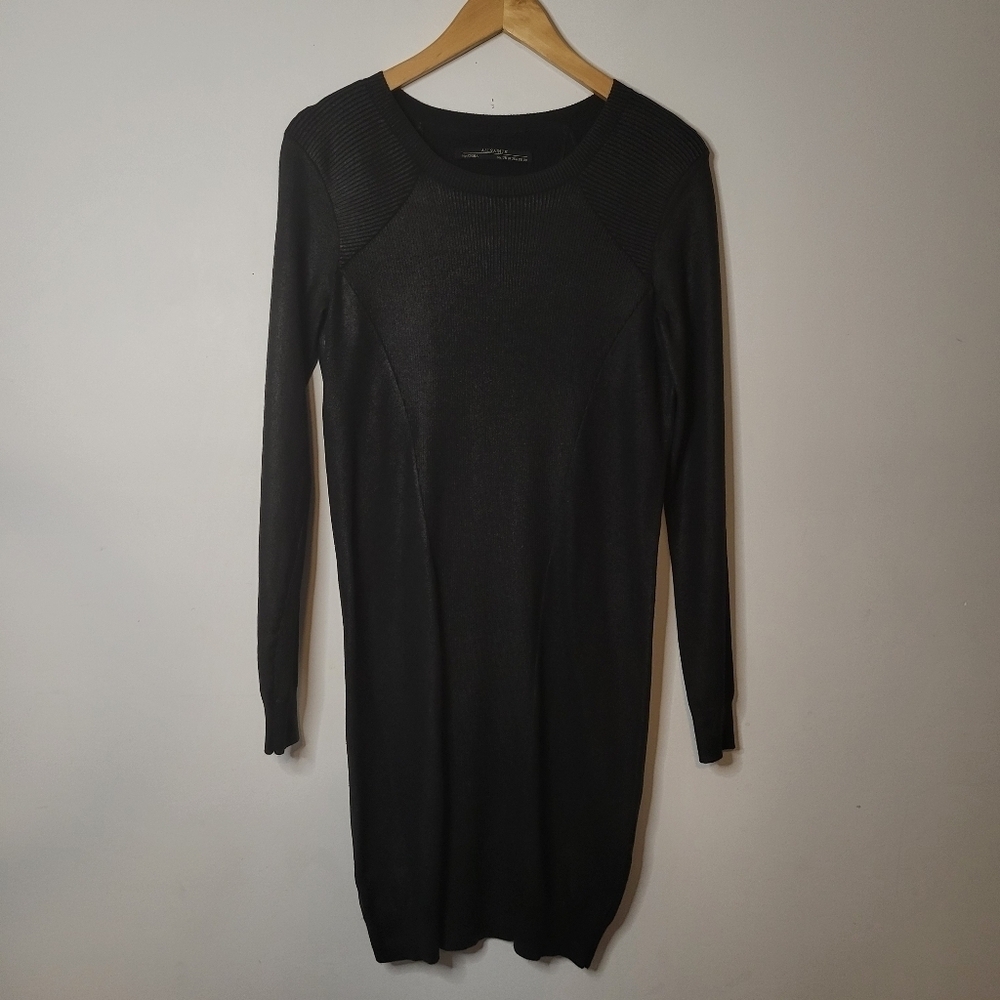 All Saints Stretch Knitted Ribbed Raglan Sleeve Solid Sweater Dress Black Size 6